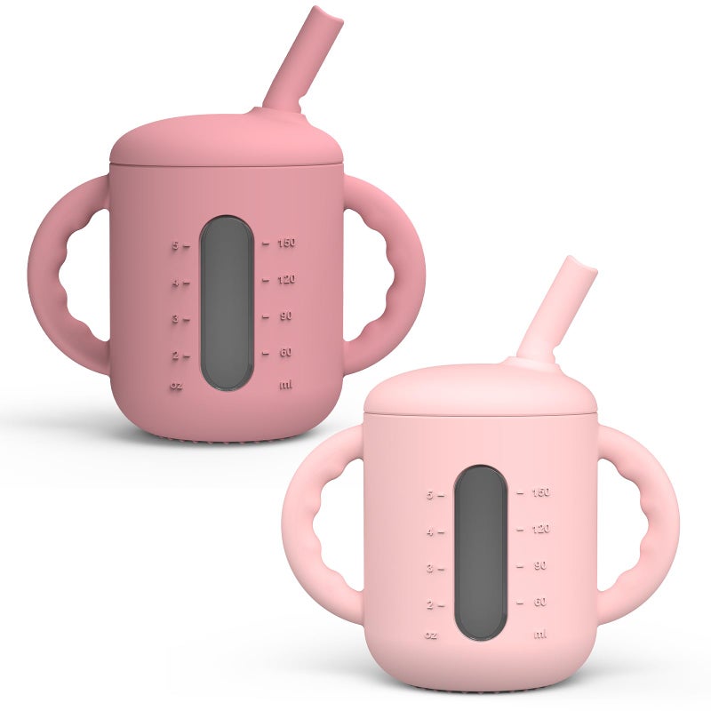 Seposeve 2 Pack Silicone Sippy Cups  Leak-Proof Baby Straw Cup for 6-12 Months  Spill Proof Toddler Cup with Straw 1-3 Years  with Capacity Marking  Non-slip Handle  Flow Control  6 oz  Purple Pink - Image 1